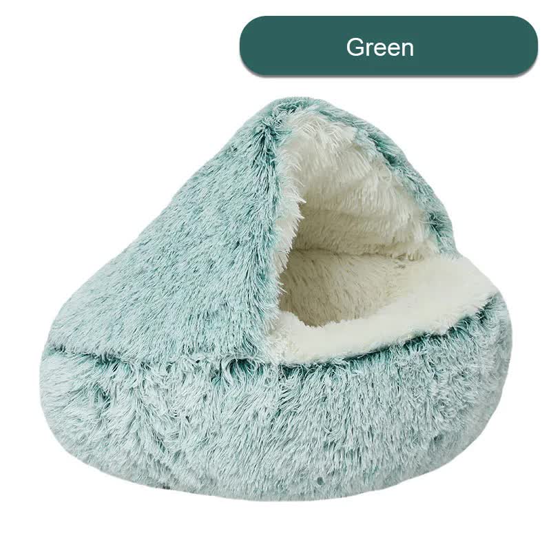Cozy Green Plush Hooded Pet Bed - Ultra Soft Long Fur Cave 40cmBed for Small Pets