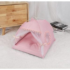 Pink Floral Portable Folding Pet Tent - Summer Cat & Dog Shelter with Mesh Window, Lightweight and Breathable, Ideal for Travel & Home Use 35x35x30CM